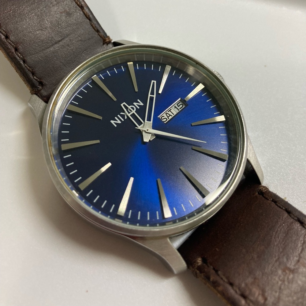 Nixon Blue and Silver Watch with Brown Leather Strap